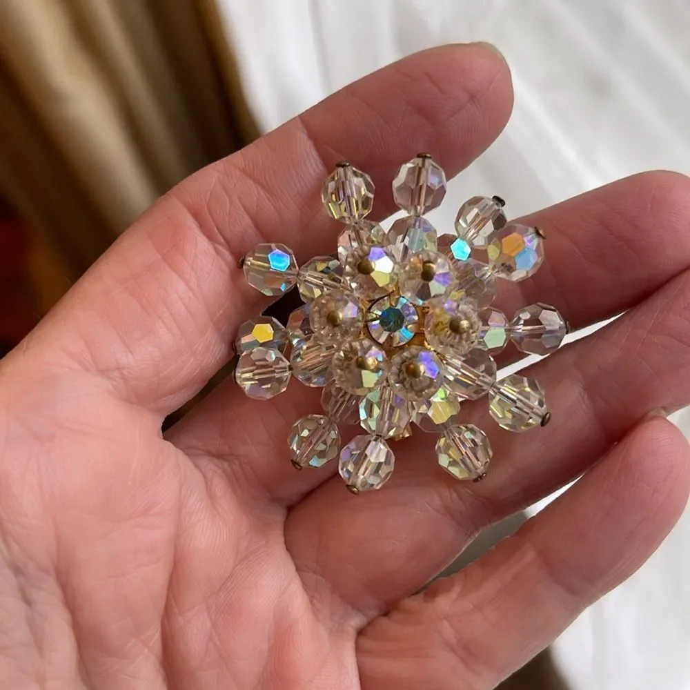 Vintage Aurora Borealis Crystal Bead Cluster Rhinestone Brooch Pin